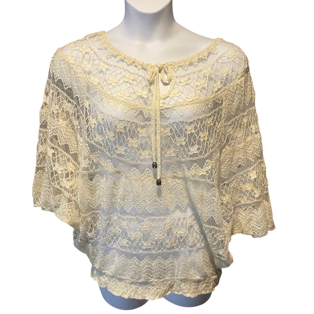 Womens Sheer Cream Lace Boho Romantic Top Size M Cottage Kenar Festival Coquette